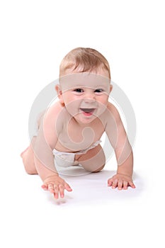 Bright picture of crawling baby boy in diaper