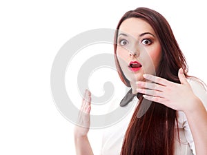 Bright picture of surprised woman face over white
