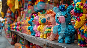 bright pinatas lining up at san antonio market create a festive and traditional fiesta ambiance, filled with vibrant photo