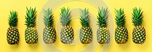 Bright pineapple pattern for minimal style. Top View. Pop art design, creative concept. Copy Space. Banner. Fresh