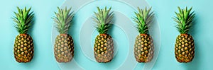 Bright pineapple pattern for minimal style. Top View. Pop art design, creative concept. Copy Space. Fresh pineapples on