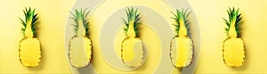 Bright pineapple pattern for minimal style. Top View. Pop art design, creative concept. Copy Space. Fresh pineapples on