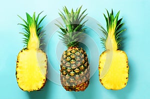 Bright pineapple pattern for minimal style. Top View. Pop art design, creative concept. Copy Space. Fresh pineapples on