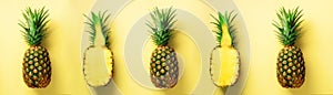 Bright pineapple pattern for minimal style. Top View. Pop art design, creative concept. Copy Space. Fresh pineapples on