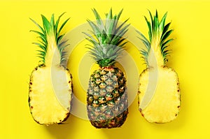 Bright pineapple pattern for minimal style. Top View. Pop art design, creative concept. Copy Space. Fresh pineapples on