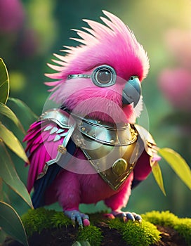 bright pink baby parrot, adorable big eyes, in Knight armor and helmet. AI Generative