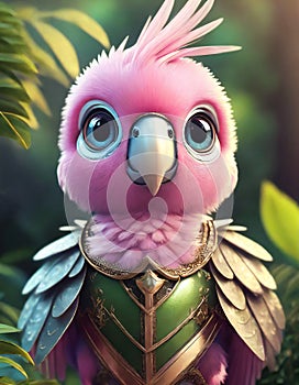 bright pink baby parrot, adorable big eyes, in Knight armor and helmet. AI Generative