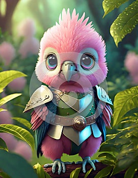 bright pink baby parrot, adorable big eyes, in Knight armor and helmet. AI Generative