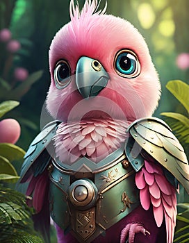 bright pink baby parrot, adorable big eyes, in Knight armor and helmet. AI Generative