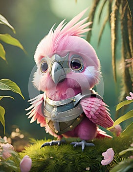 bright pink baby parrot, adorable big eyes, in Knight armor and helmet. AI Generative