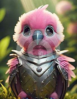 bright pink baby parrot, adorable big eyes, in Knight armor and helmet. AI Generative