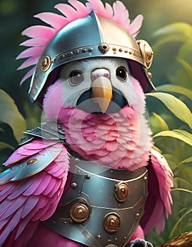 bright pink baby parrot, adorable big eyes, in Knight armor and helmet. AI Generative