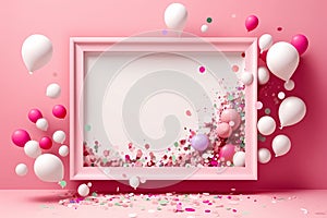 Bright pink background with a pink frame with confetti and balloons, generative AI