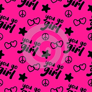 Bright pink and black pattern You Go Girl. Cute y2k style texture for women empowerment concept. Seamless background