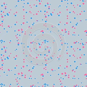 Bright pink, blue messy dots on gray background. Festive seamless pattern with round shapes.