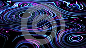 Bright pink and blue neon lines moving on liquid pattern with round elements and glowing stripes on a dark background