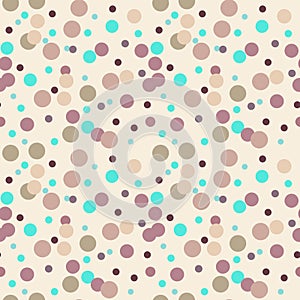 Bright pink, blue, red messy dots on beige background. Festive seamless pattern with round shapes.