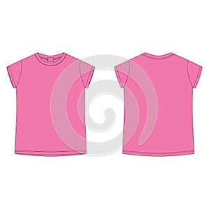Bright pink cotton t-shirt blank template. Children`s technical sketch tee shirt isolated on white background. Front and back