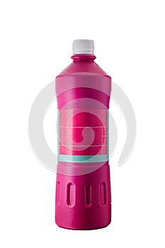 Bright pink detergent bottle mockup isolated on white. Houshold chemical container template, no brand, blank label. Domestic