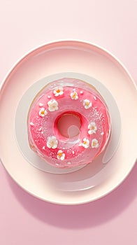 Bright pink donut resting elegantly on a matching pink plate.