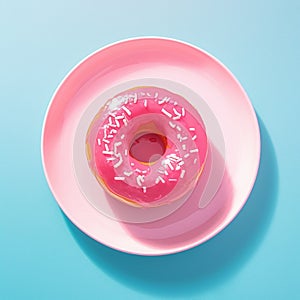 Bright pink donut resting elegantly on a matching pink plate.