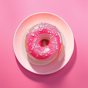 Bright pink donut resting elegantly on a matching pink plate.