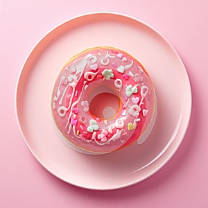 Bright pink donut resting elegantly on a matching pink plate.