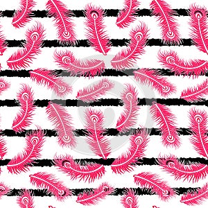 Bright Pink Feather Pattern Design on Striped Background