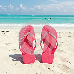 Bright pink flip-flops adorned with rhinestones are planted in white sandy beach photo