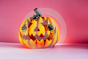 Bright pink Halloween background with carved orange pumpkin. Halloween Jack-o-lantern with spiders on it. Happy