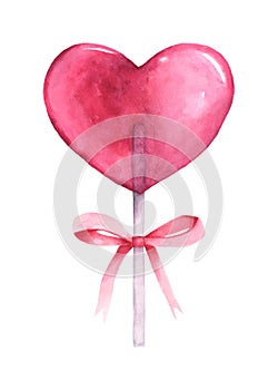 Bright pink heart-shaped lollipop and ribbon tied cute with watercolor