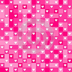 Bright pink hearts, seamless background, pixelated checkered surface