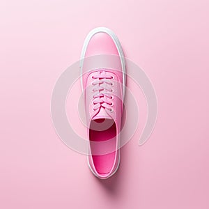 Bright Pink Leather Sneakers On Minimalist Pink Background