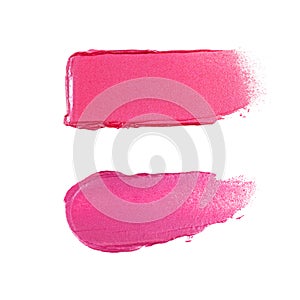 Bright pink lipstick or lip gloss with shimmer color swatch smooth smear set
