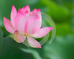 Bright pink lotus flower captured in natural light, showcasing its delicate petal structure against a lush, green leafy background
