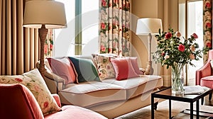 Bright pink lounge room decor, interior design and house improvement, living room furniture, sofa and home decor