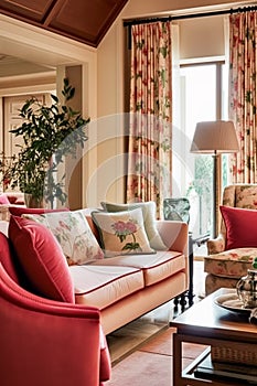 Bright pink lounge room decor, interior design and house improvement, living room furniture, sofa and home decor, country cottage