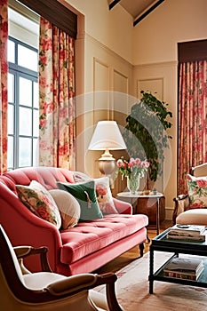 Bright pink lounge room decor, interior design and house improvement, living room furniture, sofa and home decor, country cottage