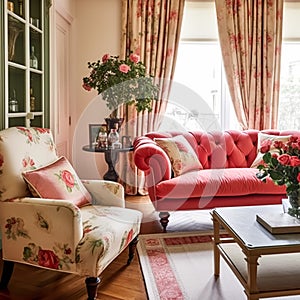 Bright pink lounge room decor, interior design and house improvement, living room furniture, sofa and home decor, country cottage