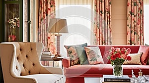 Bright pink lounge room decor, interior design and house improvement, living room furniture, sofa and home decor, country cottage