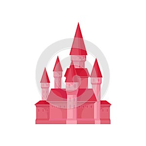 Bright pink princess castle. Fairy tale building with high towers and conical roofs. Flat vector for children book