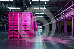 A bright pink shipping container in an empty warehouse, storage, logistics and distribution center themes.