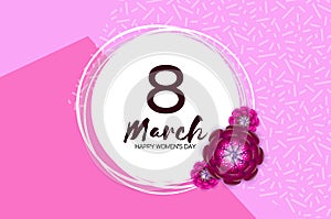 Bright Pink Spring Flowers Banner. Happy Womens Day. Origami 8 March. Trendy Mother s Day. Paper cut Exotic Tropical