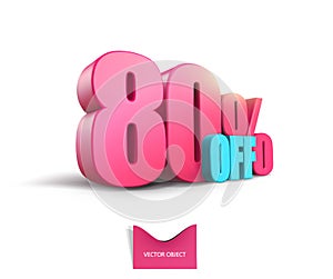 Bright pink, voluminous 3D inscription: 80% OFF, vector on white background. Element for design discounts, design, sales, web