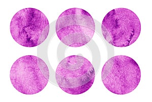 Bright pink watercolor circles set. Fuchsia abstract round geometric shapes on white background. Aquarelle stains on paper texture