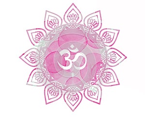 Bright pink Watercolor mandala Om Aum Symbol