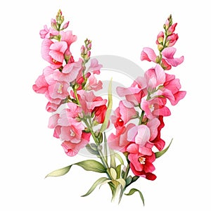 Bright Pink Watercolor Snapdragon Illustration On White Background