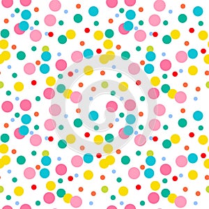 Bright pink, yellow, green, blue, red messy dots on white background.