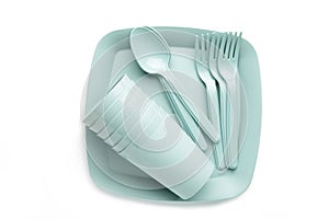 Bright plastic disposable tableware isolated on white background. Top view
