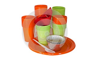 Bright plastic tableware isolated on white